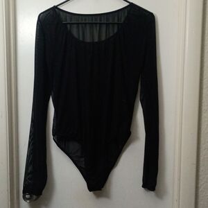 Black Mesh Long Sleeve Women's One Piece Bodysuit Stretch Semi-Transparent XL